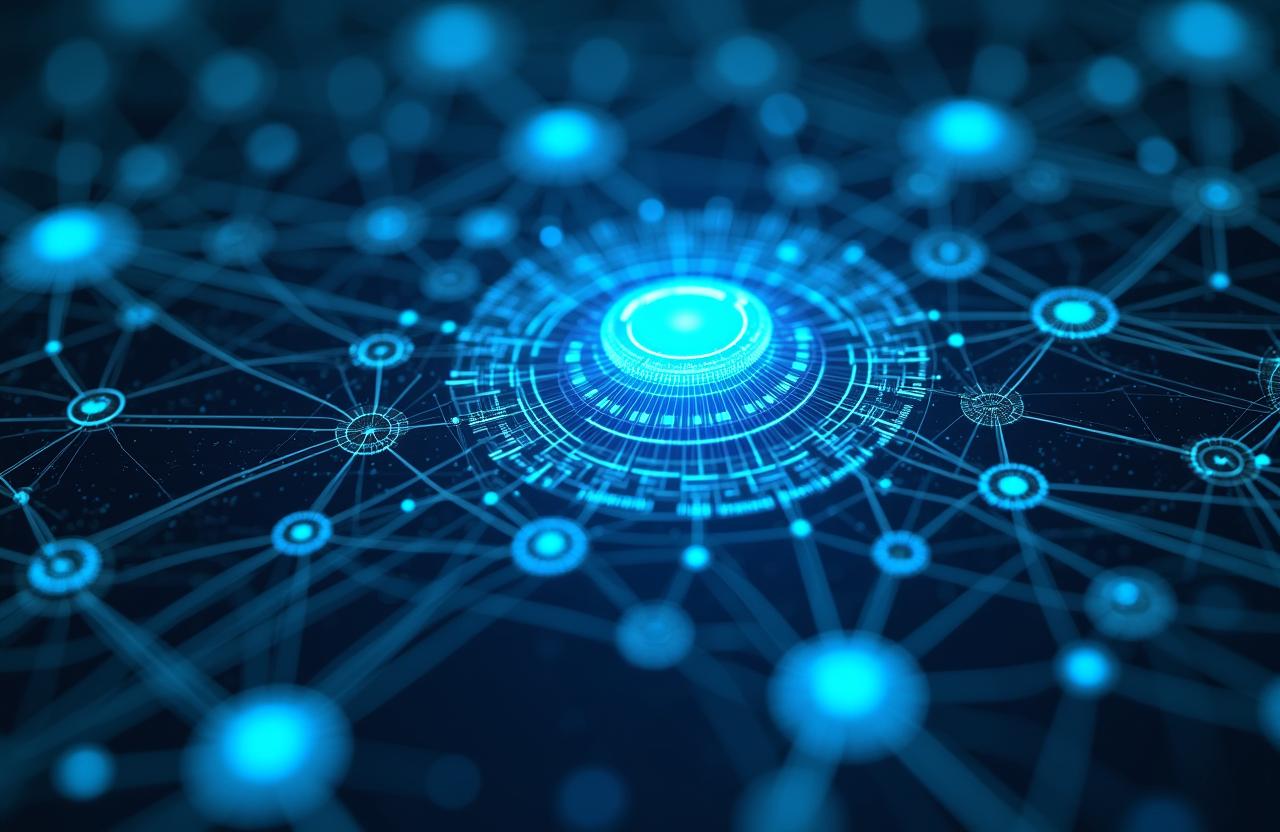 Futuristic digital interface showing automated data workflows and AI connectivity
