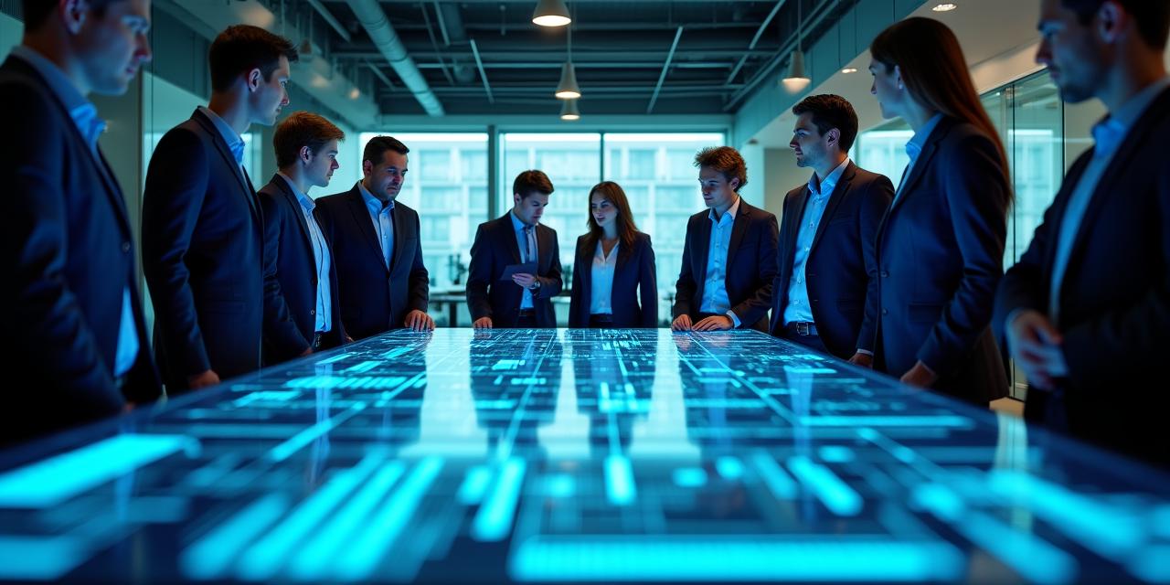 A collaborative workspace showing humans working alongside digital data interfaces